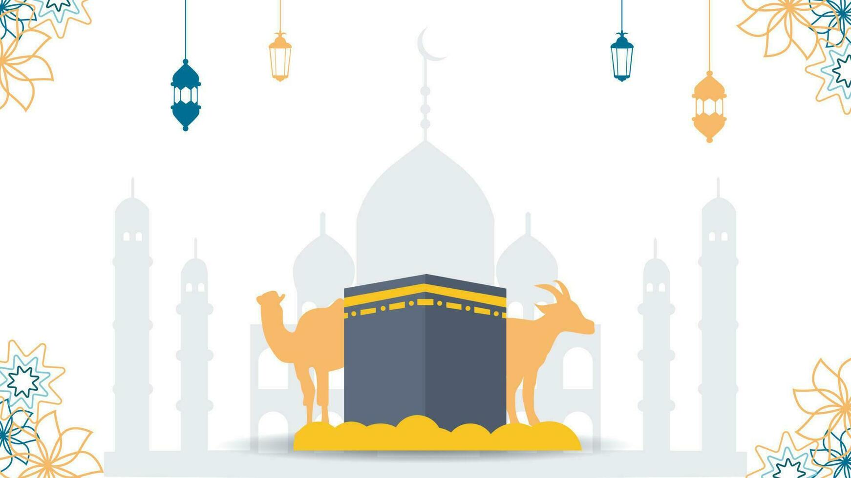 Eid Al Adha Islamic Template the celebration of Muslim flat illustration Style. With Kaaba, lantern, mosque, camel, goat illustration vector