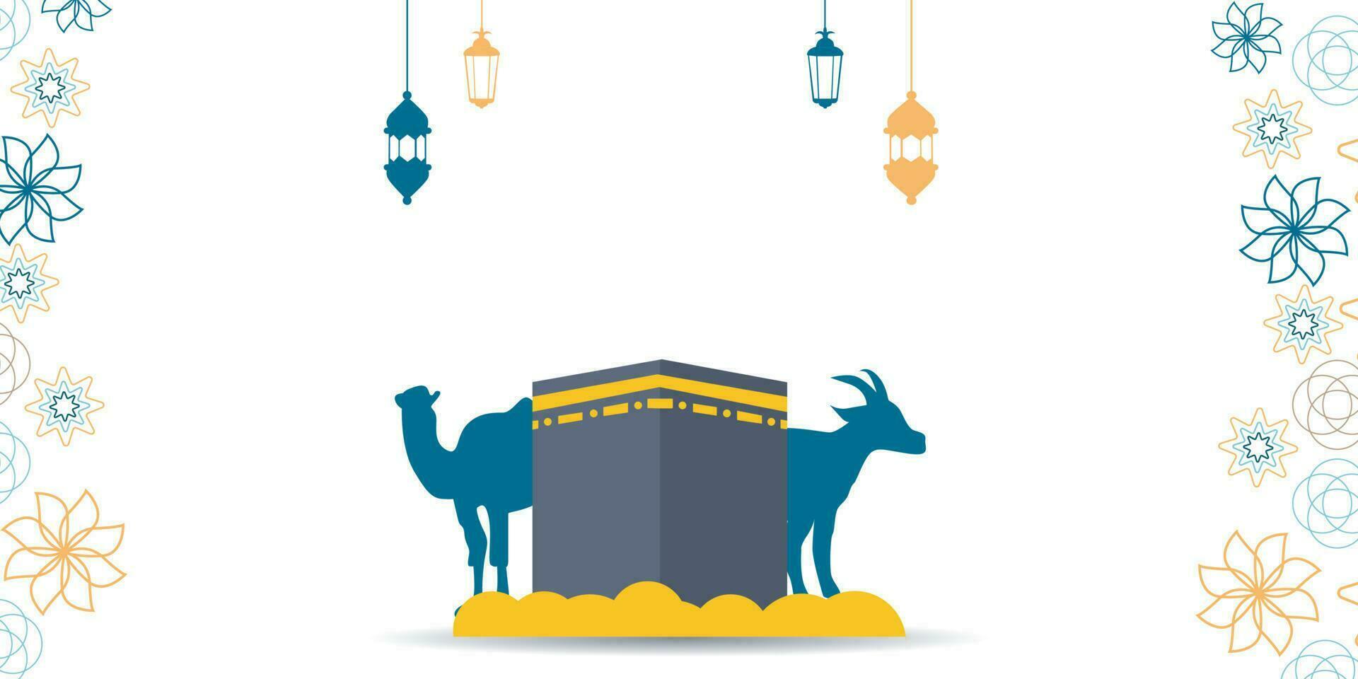Eid Al Adha Islamic Template the celebration of Muslim flat illustration Style. With Kaaba, lantern, mosque, camel, goat illustration vector