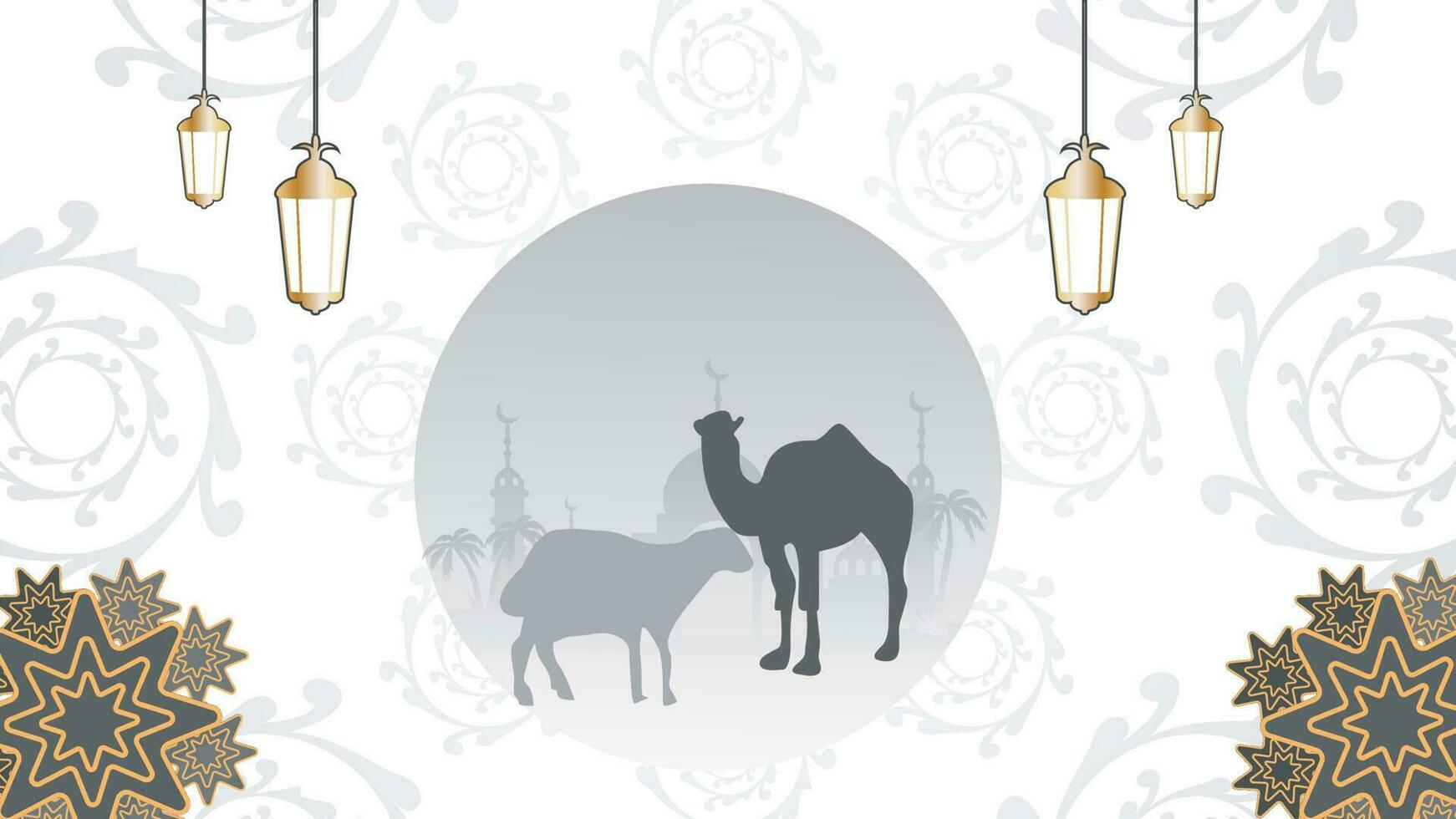 Eid Al Adha Islamic Template the celebration of Muslim flat illustration Style. With Kaaba, lantern, mosque, camel, goat illustration vector