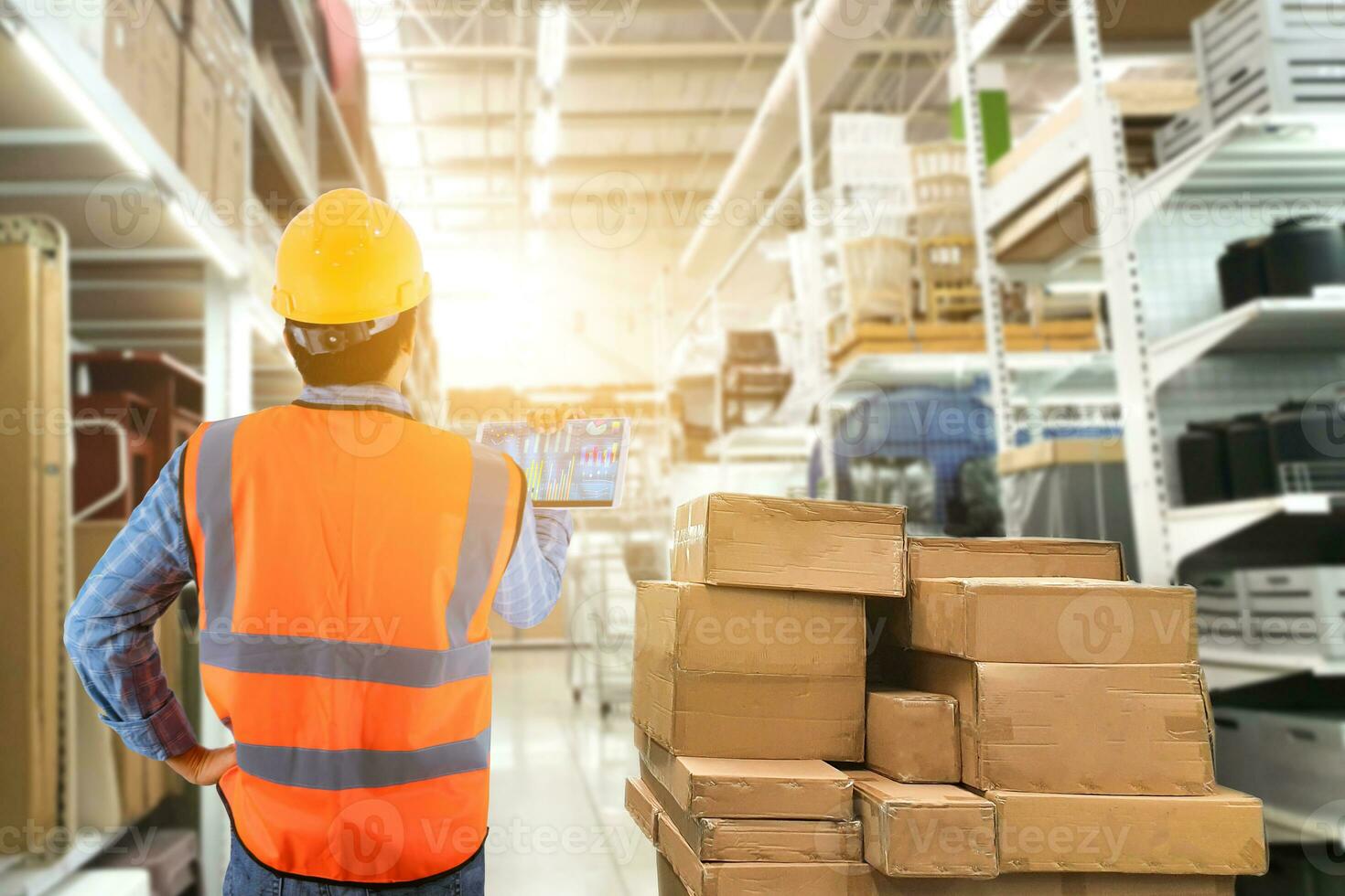 Manager in warehouse business check stock items wholesale industry logistic and export concept . photo