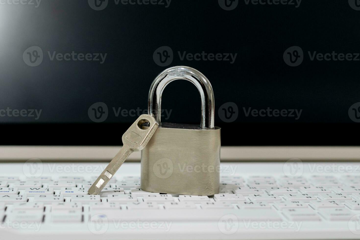 Computer concept Network Security Lock system entry key and chain. photo
