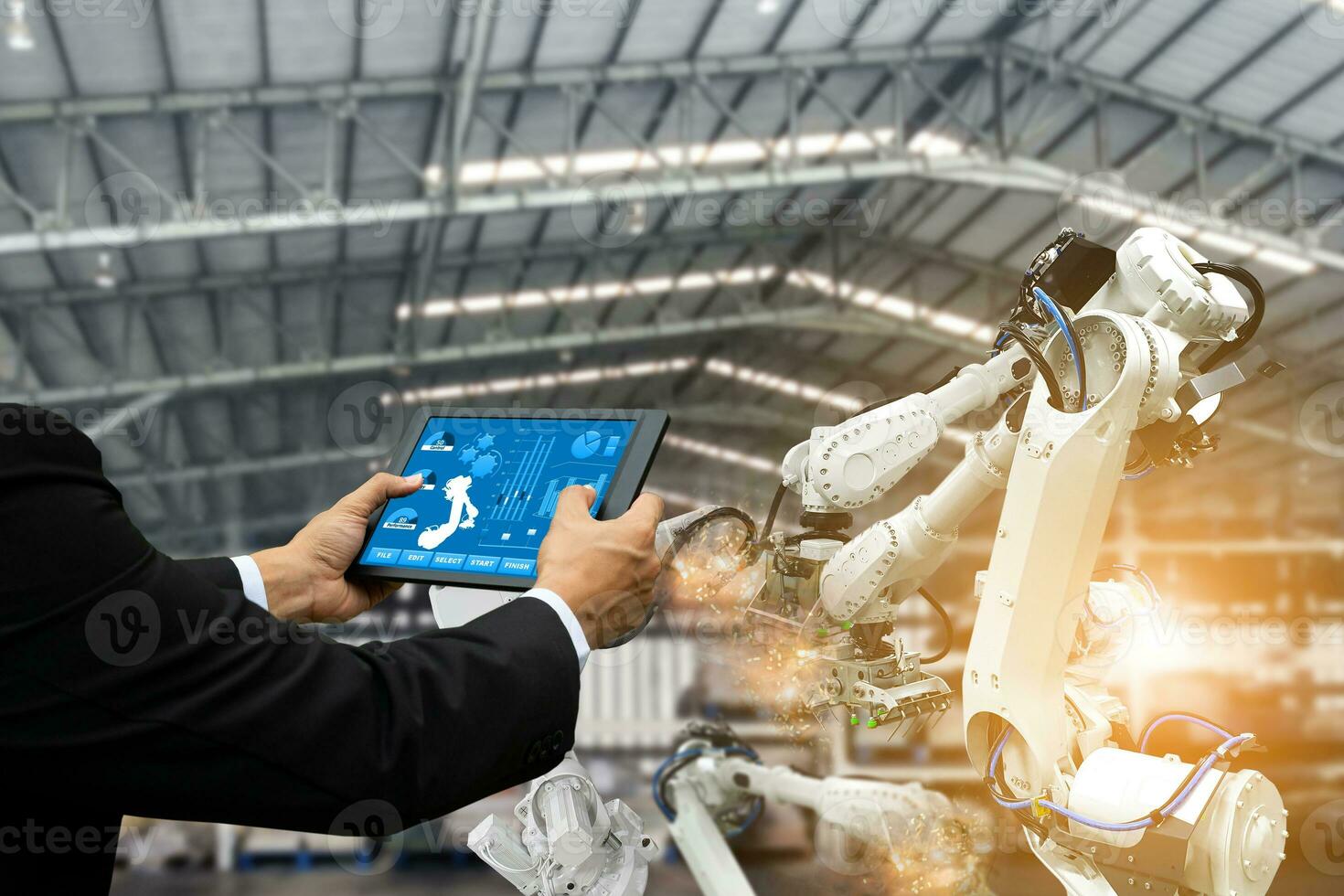 Manager engineer check control automation Robotic arms, industrial robots, factory automation machines photo