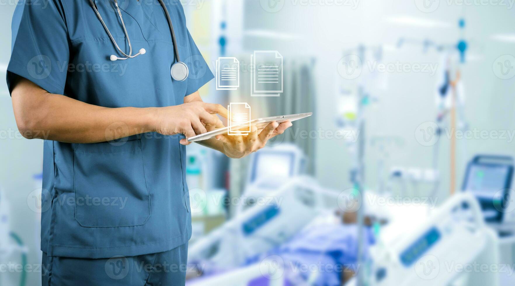 medical concept doctor holding tablet taking care of patient photo