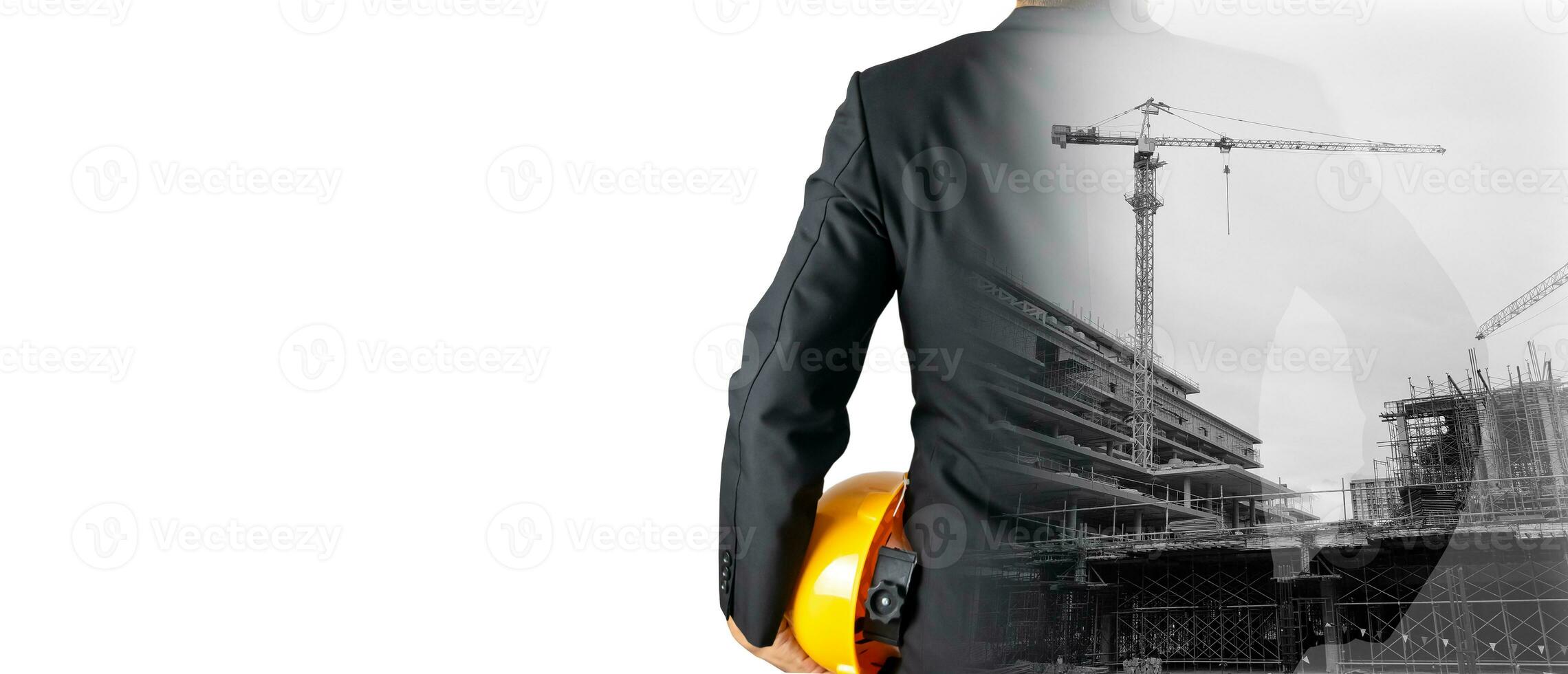 Double Exposure Building Construction Engineering Project Concept Graphic designers, architects or construction workers with modern technology and equipment. photo