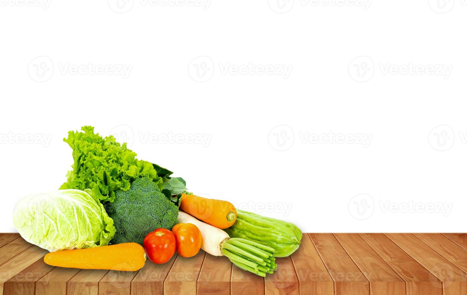 Banner design concept of fresh organic and vegetables on wooden table outdoors. photo