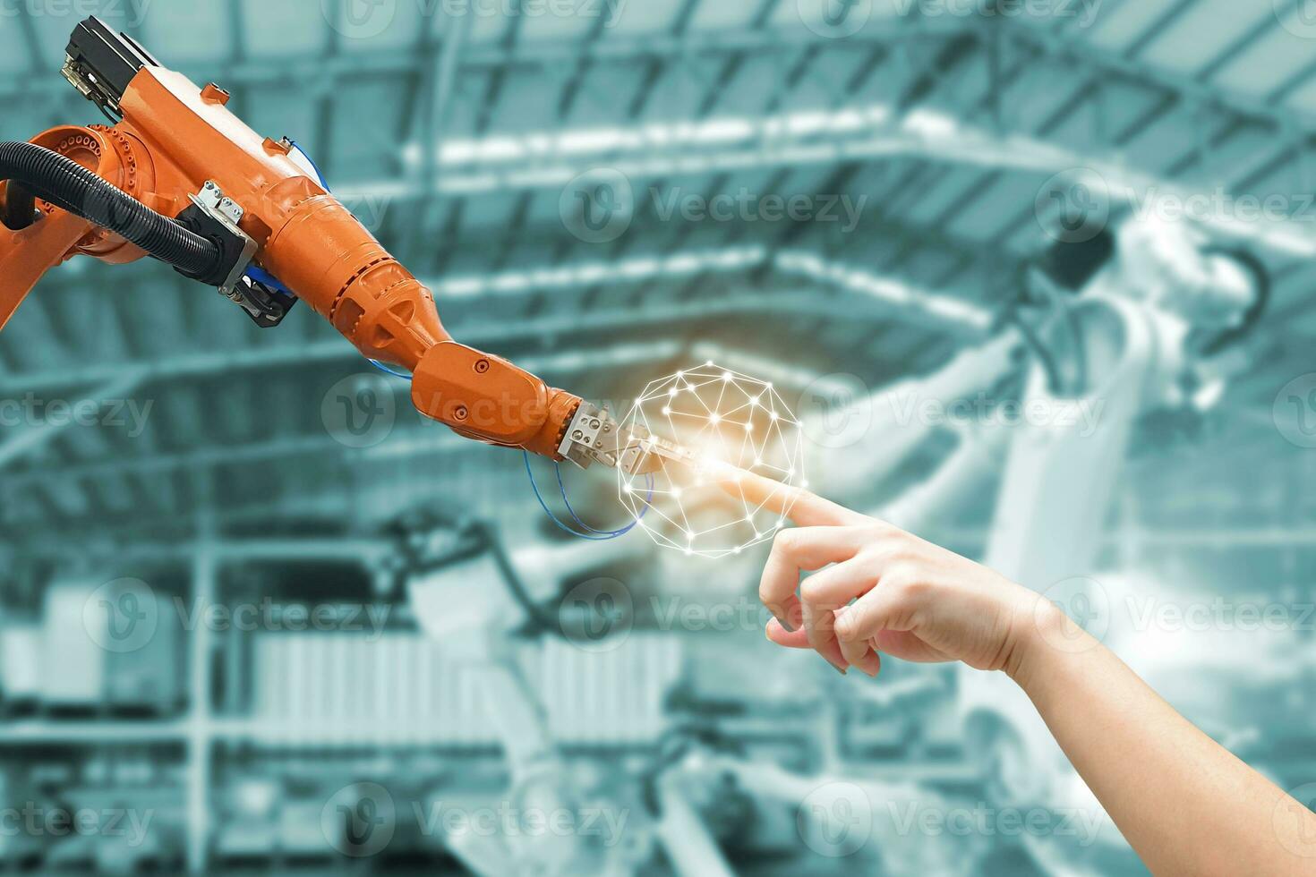 Human hand and robot hand system concept Integration and coordination of intellectual technology and vintage photo