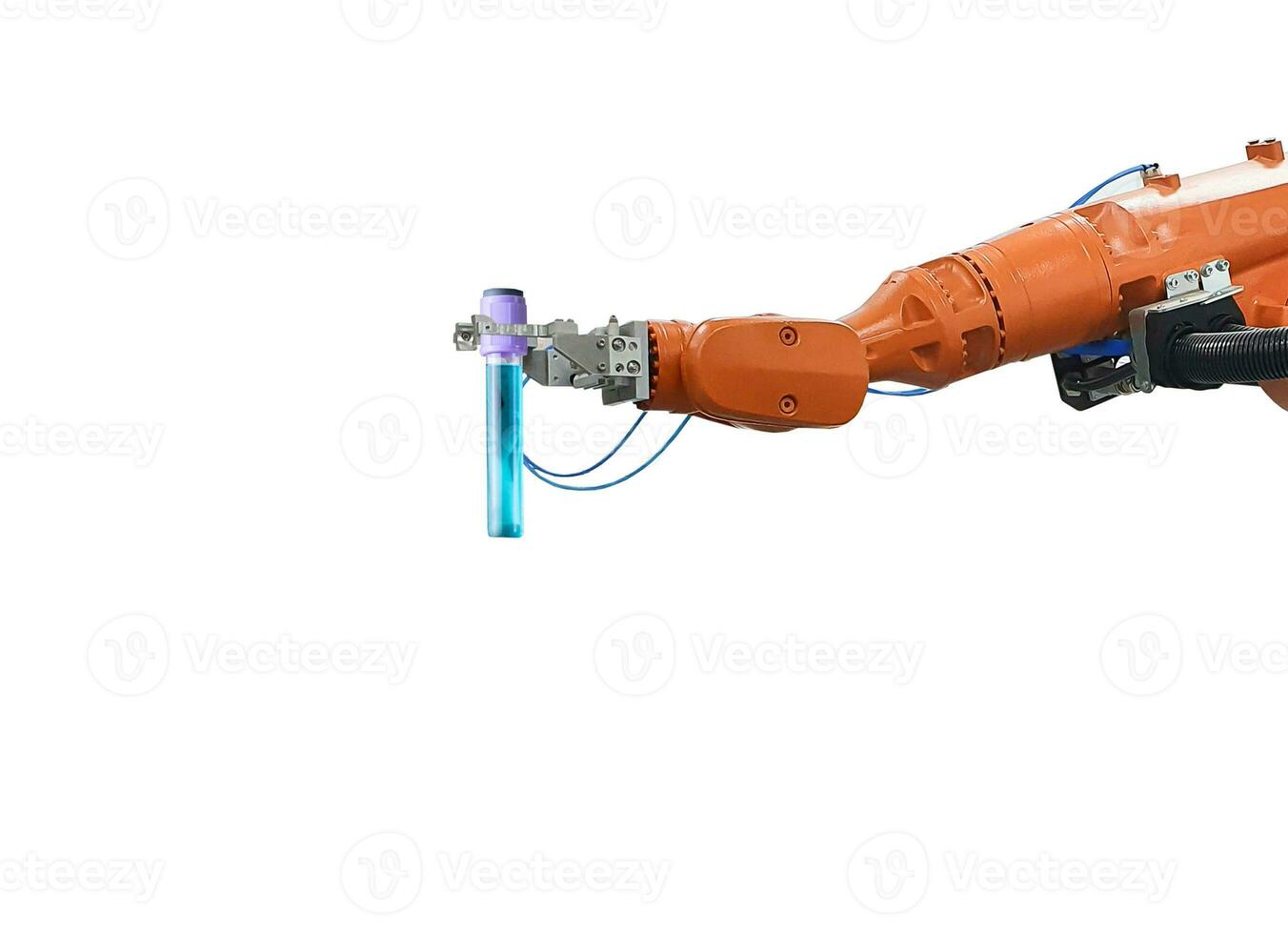 A robotic arm holding a medical test tube on a white background photo