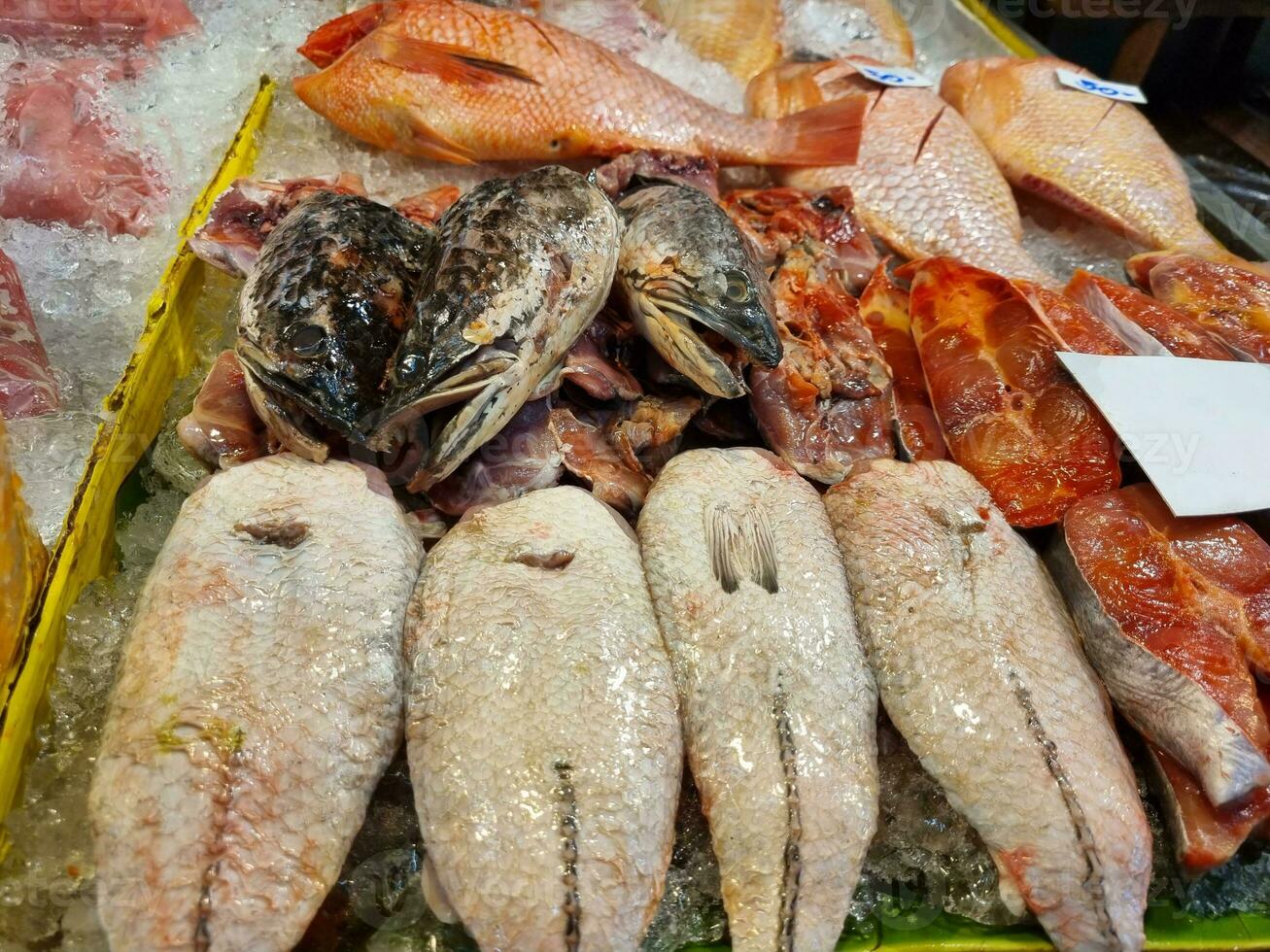 Fresh fish on ice trays in the market photo