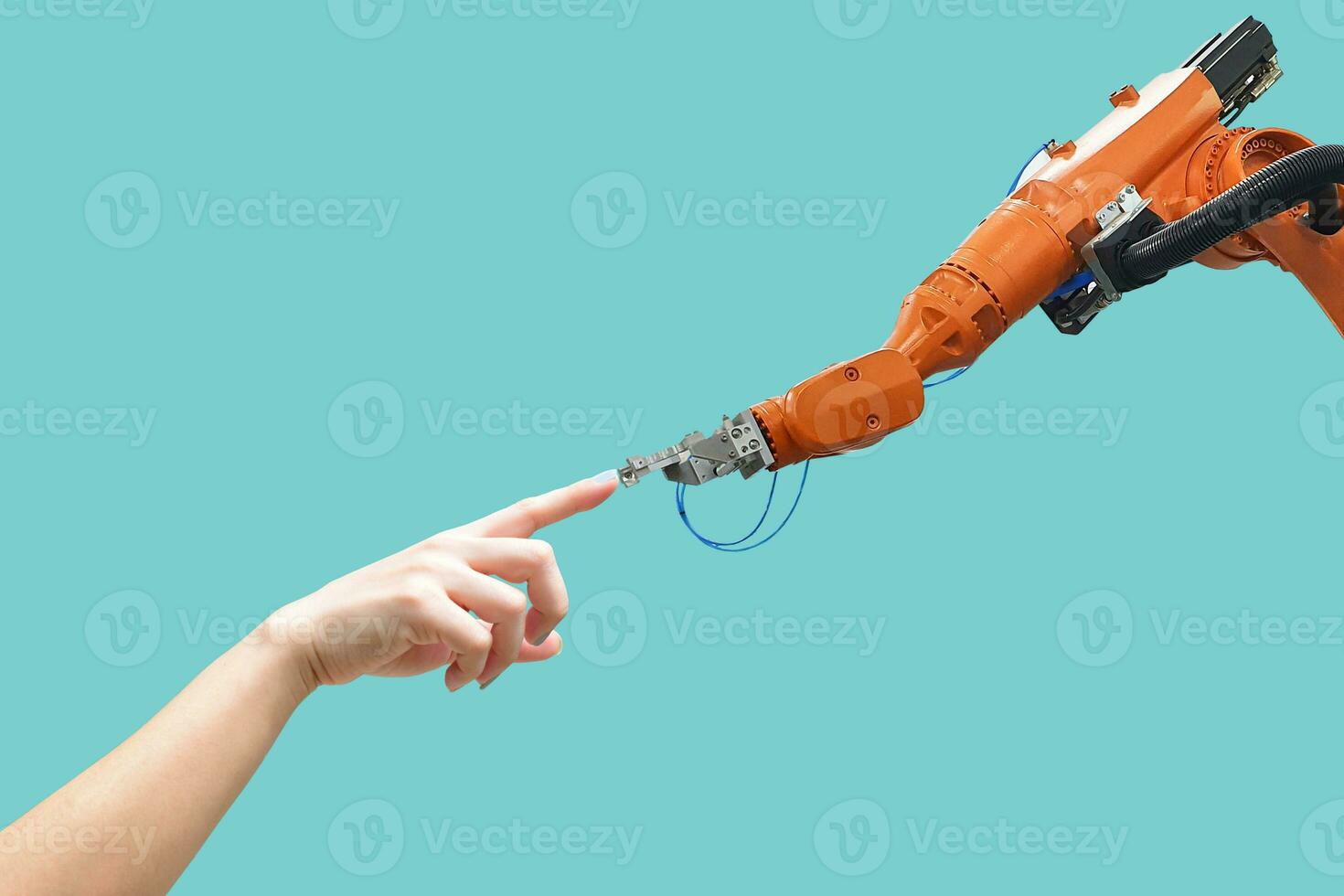 Human hand and robot hand system concept Integration and coordination of intellectual technology and vintage photo