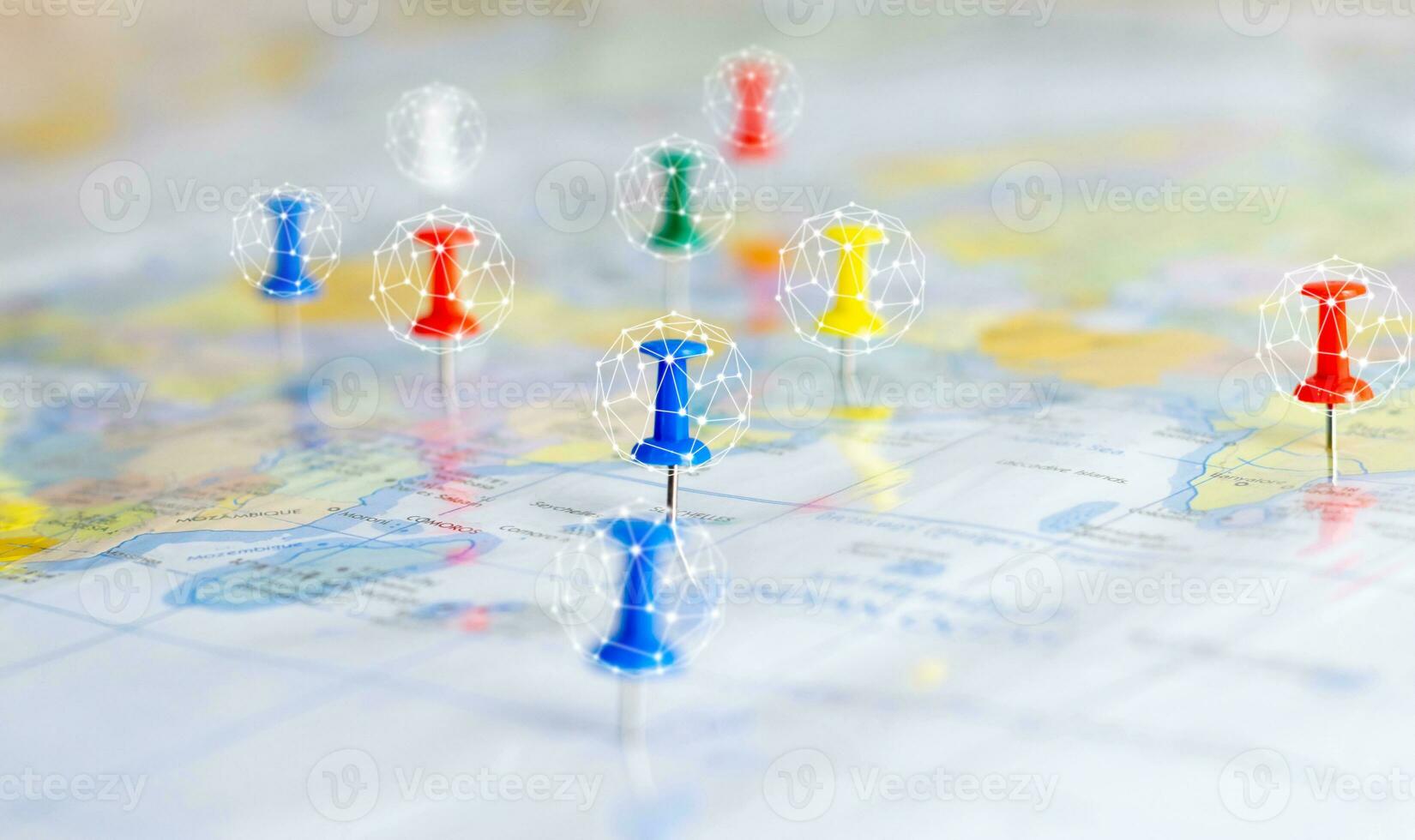 Communication connect network push pin on the world map photo