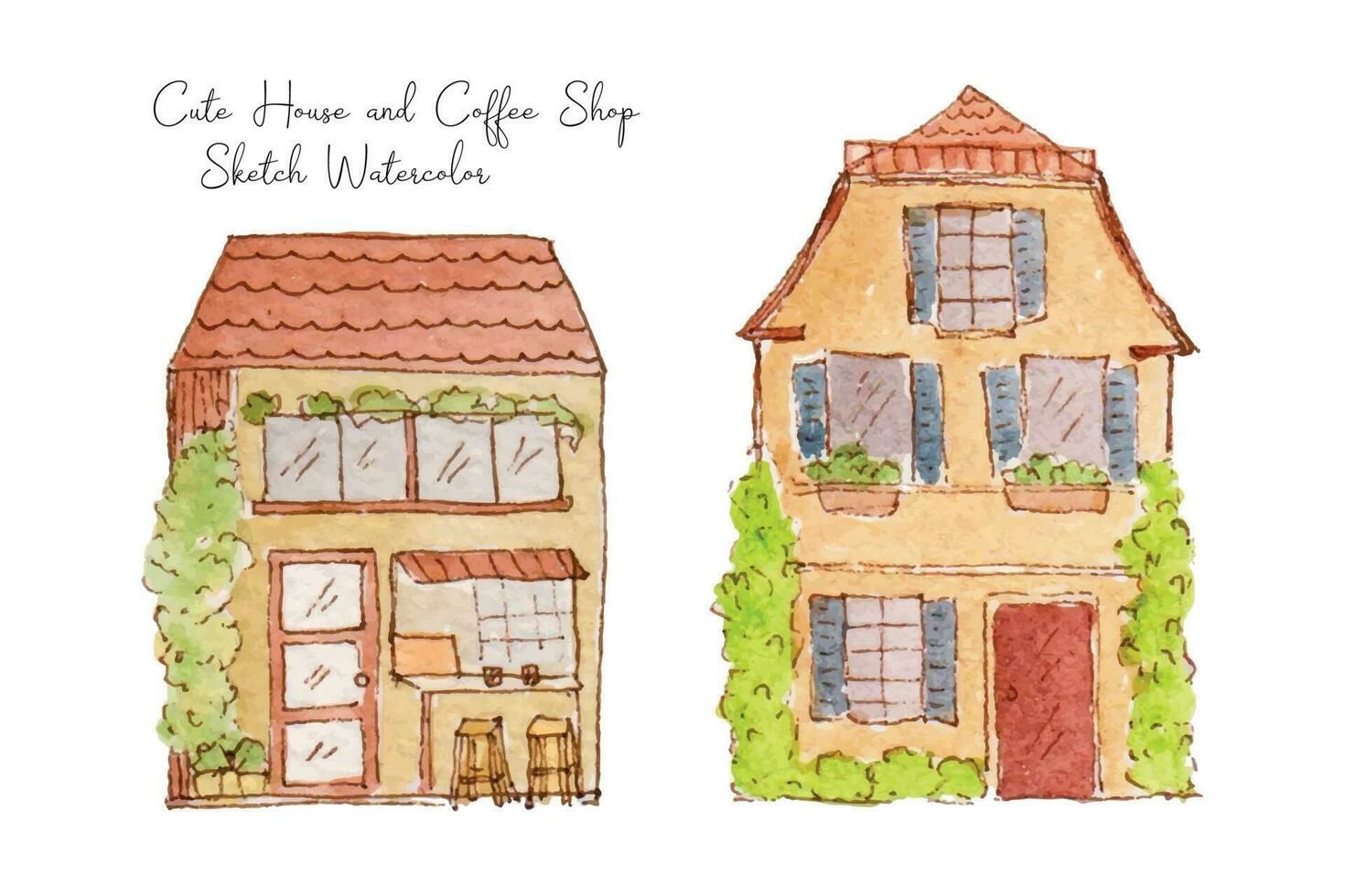 Cute Building House and Cafe Sketch Watercolor Collection vector