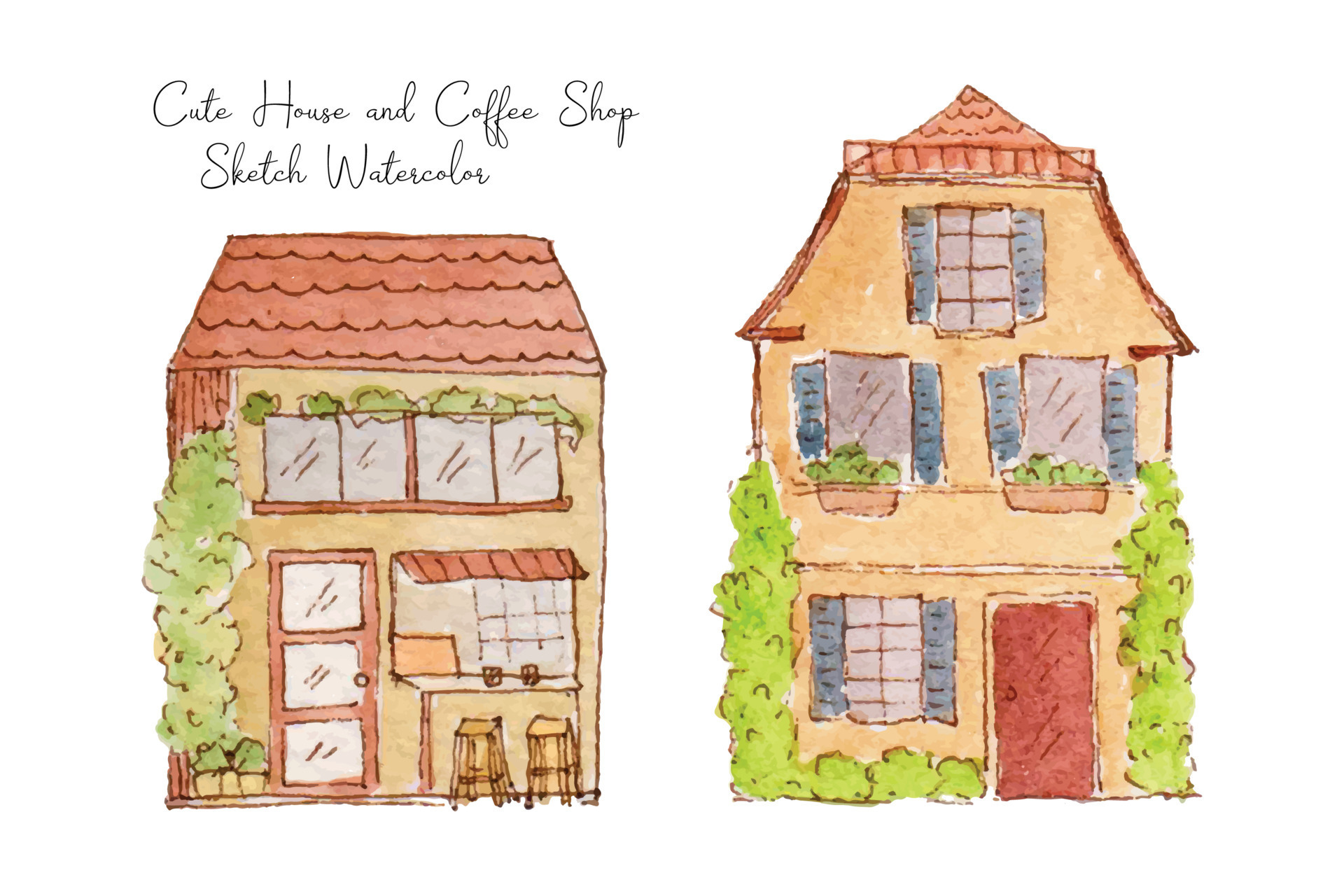 Cute Building House and Cafe Sketch Watercolor Collection 24605242