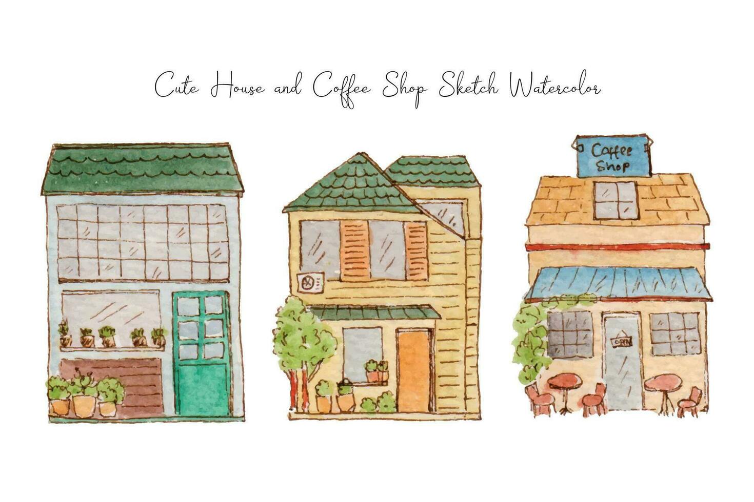 Cute Building House and Cafe Sketch Watercolor Collection vector