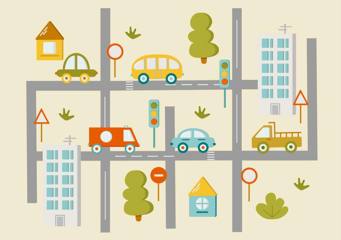 Cute town map for kids room. Landscape with lot details. Play mat for children activity. Vector illustration