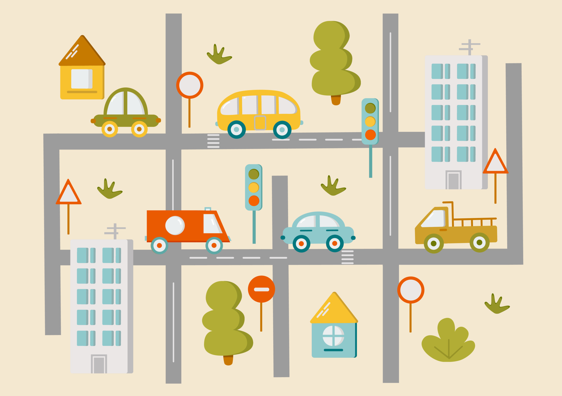 Cute town map for kids room. Landscape with lot details. Play mat for