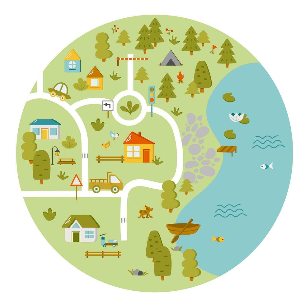 Cute town map for kids room. Landscape with lot details. Play mat for children activity. Vector illustration