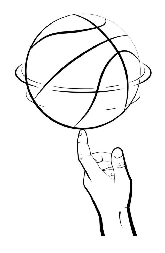 man hand of athlete spins basketball ball on index finger. Team sports. Tricks. Active lifestyle. Black and white vector