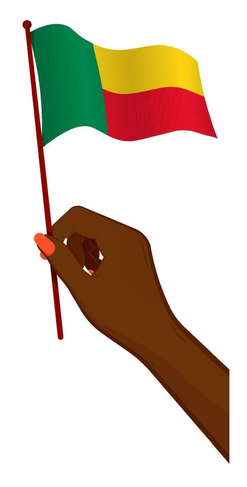 Female hand gently holds small Republic of Benin flag. Holiday design element. Cartoon vector on white background