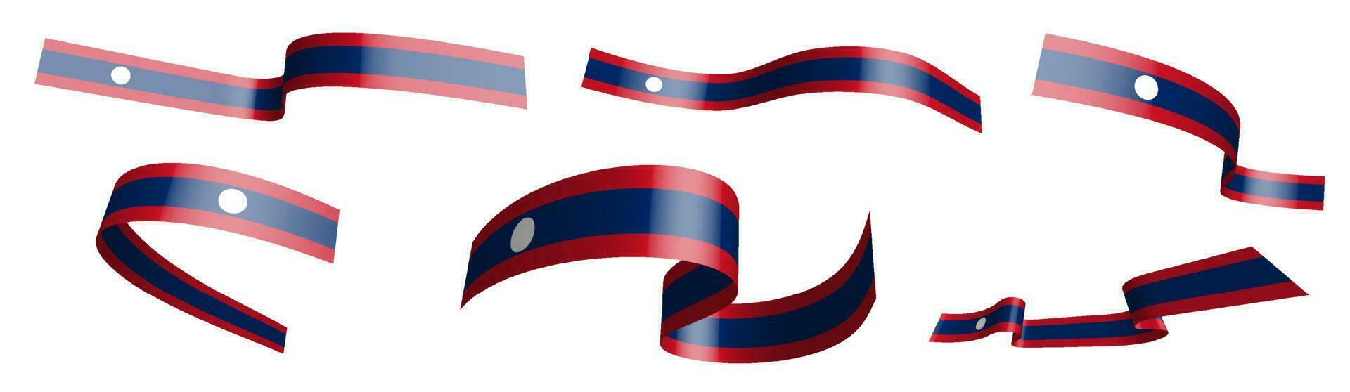 Set of holiday ribbons. Flag Lao People Democratic Republic waving in wind. Separation into lower and upper layers. Design element. Vector on white background
