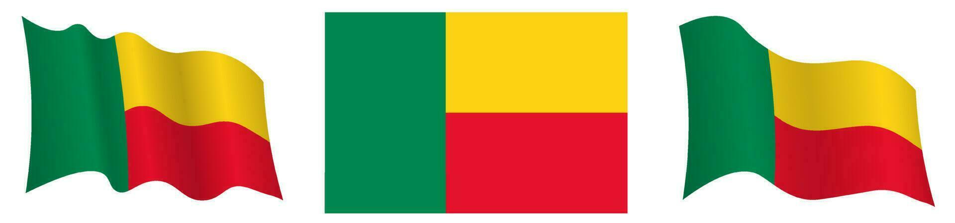 Republic of Benin flag in static position and in motion, fluttering in wind in exact colors and sizes, on white background vector