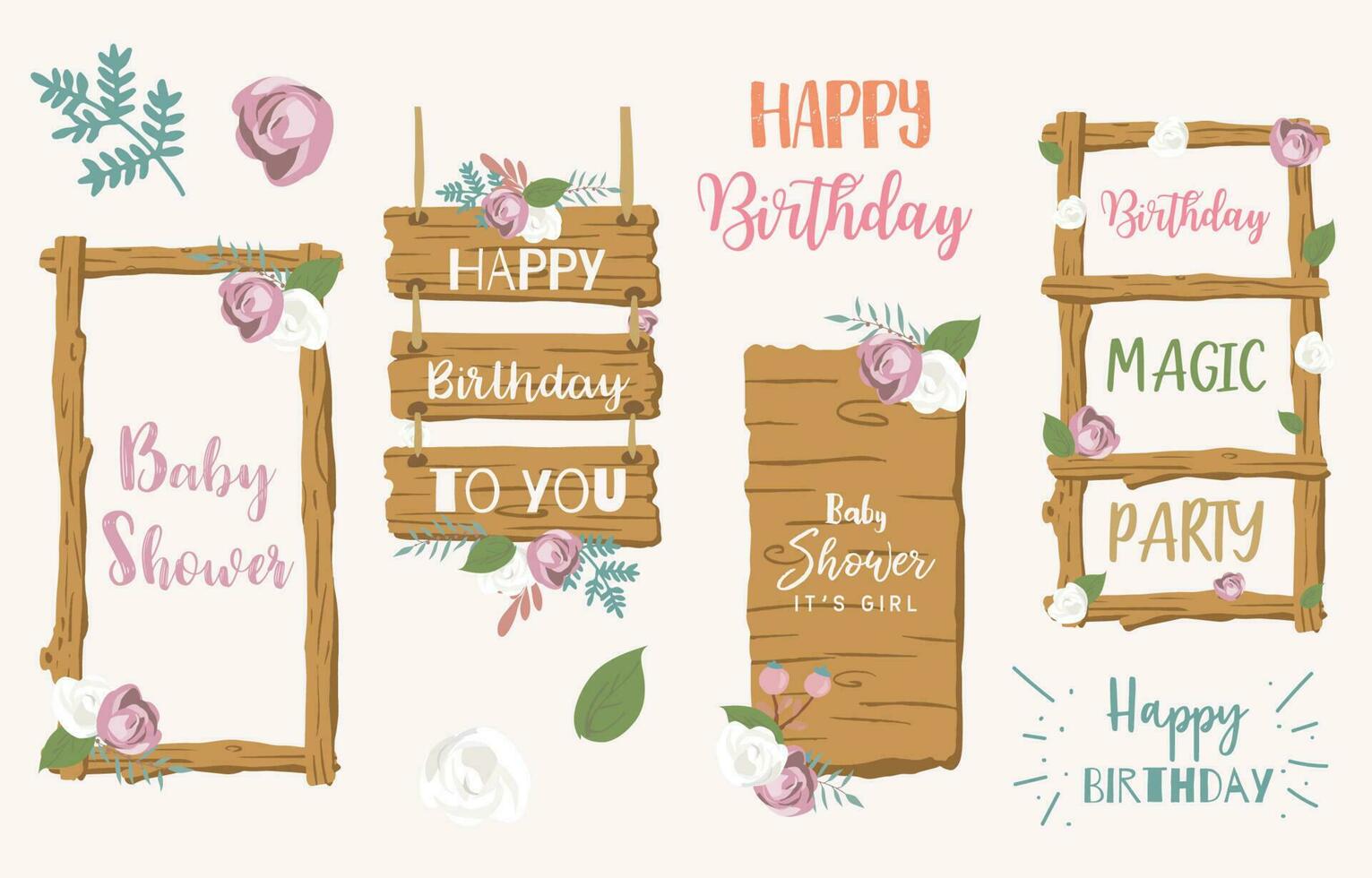 Wood frame collection for safari design.Editable vector illustration for birthday invitation,postcard and sticker