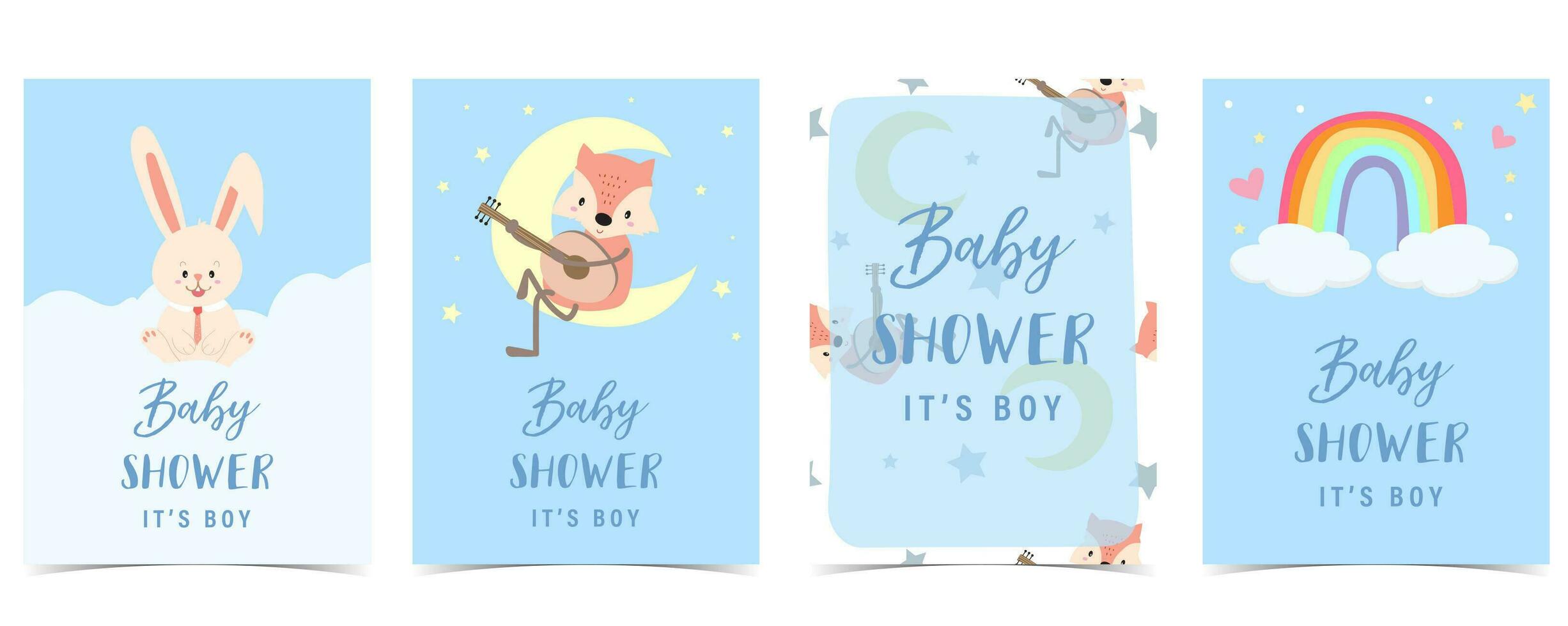 Baby shower invitation card for boy with rabbit, fox, rainbow, cloud vector