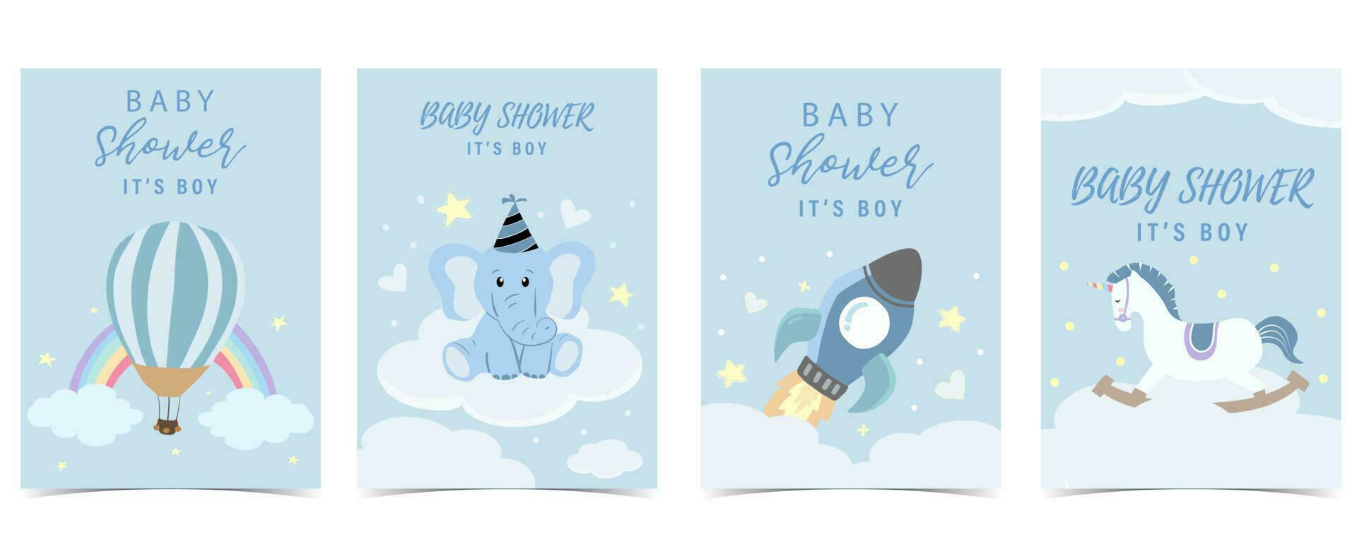 bebé ducha invitación tarjeta para chico con globo, nube, cielo, elefante vector