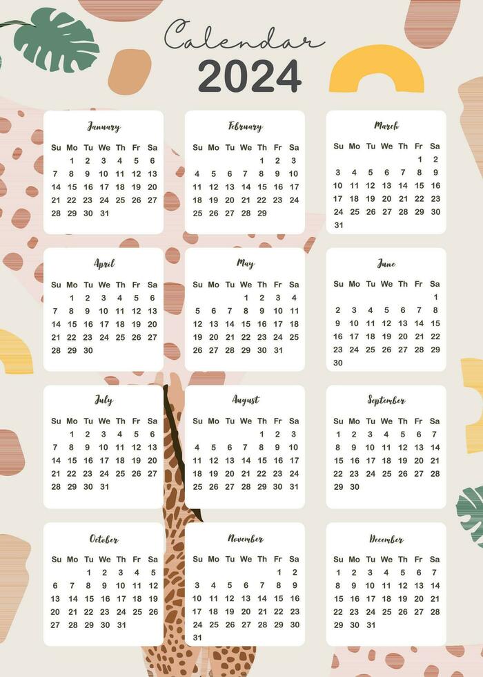 2024 table calendar week start on Sunday with boho that use for