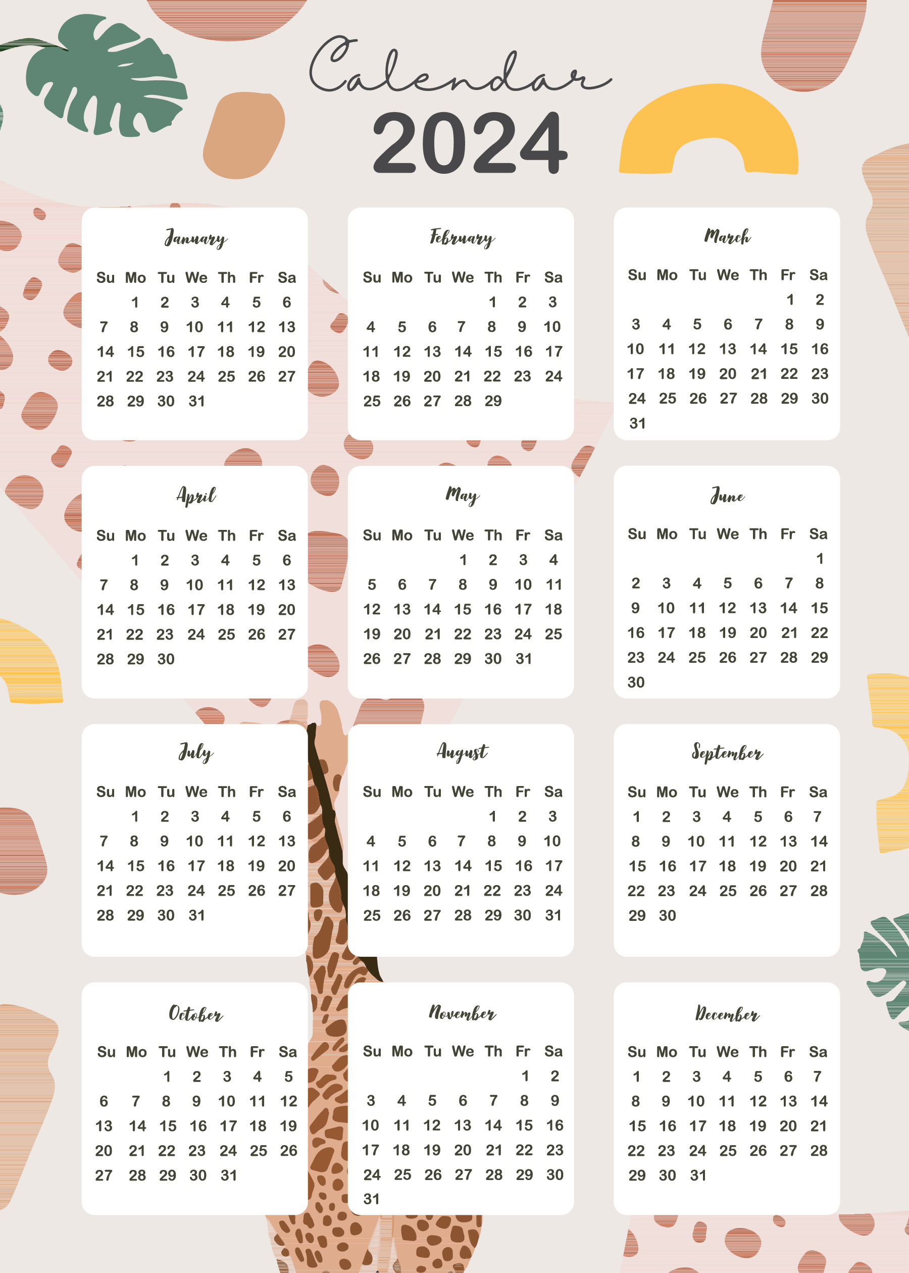 2024 table calendar week start on Sunday with leaf, safari that use for  vertical digital and printable A4 A5 size 28699961 Vector Art at Vecteezy