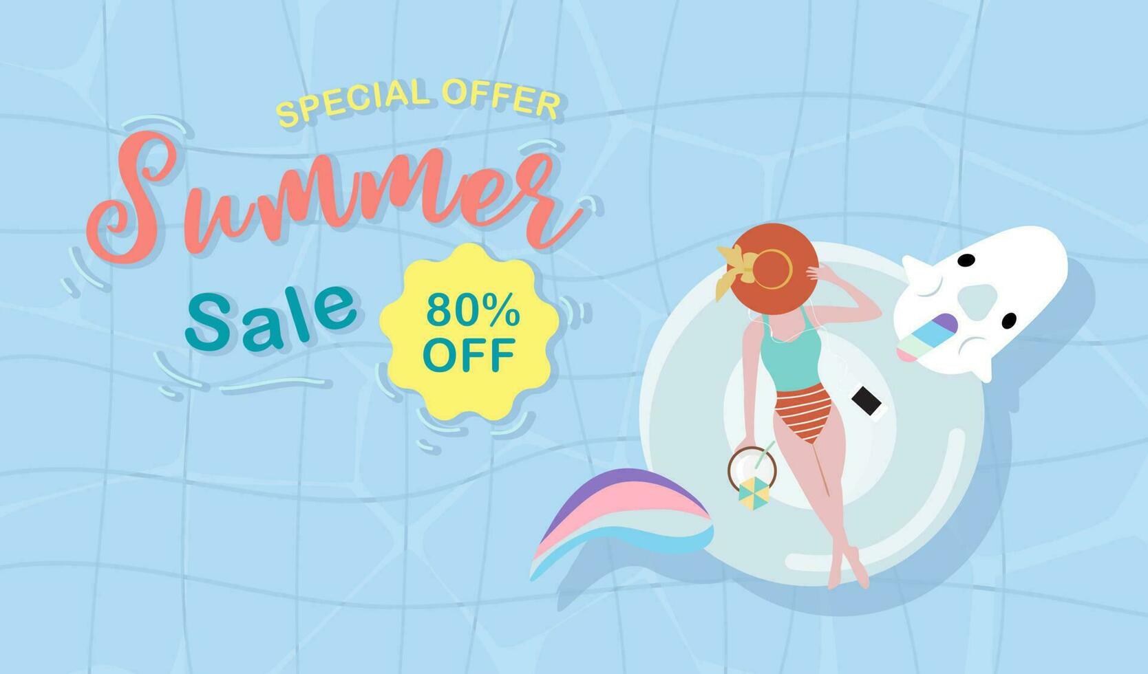 Summer sale background with tiny people,umbrellas, ball,float  in the top view pool.Vector summer banner vector