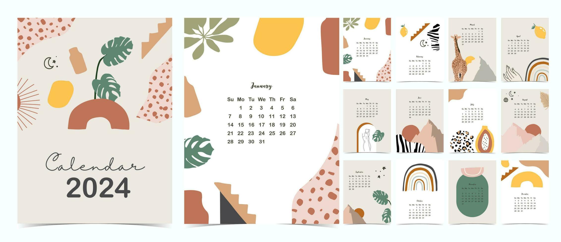 2024 table calendar week start on Sunday with boho that use for vertical digital and printable A4 A5 size vector