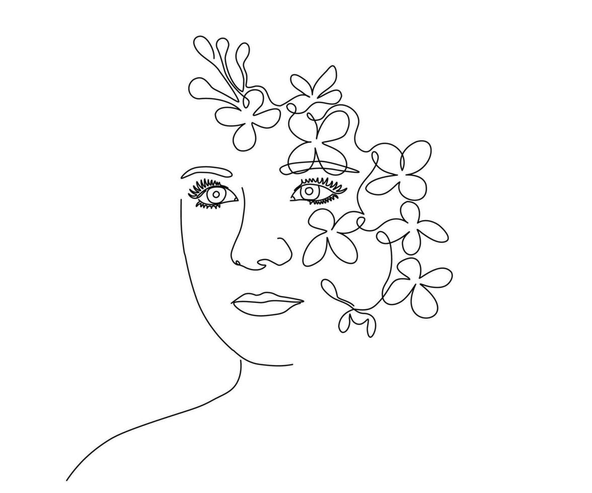 Line drawing, female face drawing, fashion, hair salon, spa, minimalist female beauty. Abstract floral pastels. a hand-drawn drawing in one line. vector portrait illustration