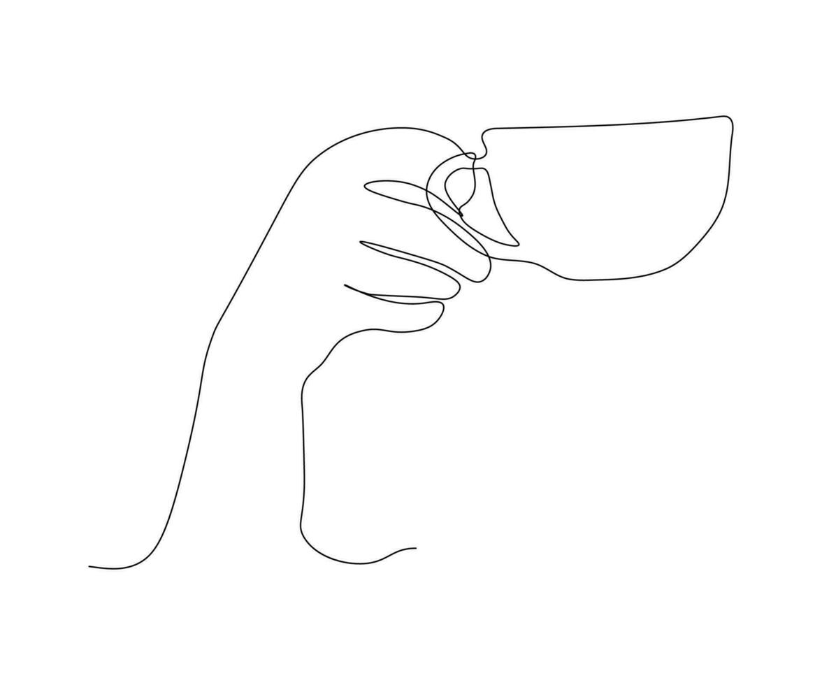 abstract hand with a cup of coffee , hand-drawn, continuous mono line, one line art, contour drawing vector