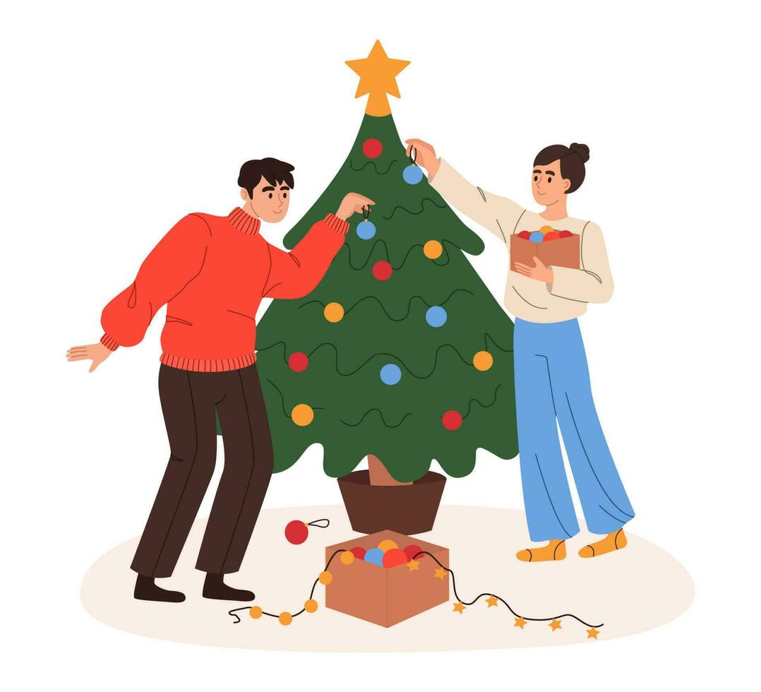 amigos decorando Navidad árbol para invierno día festivo. contento personas preparando para Navidad con abeto adornos y adornos plano vector ilustración aislado en blanco antecedentes.