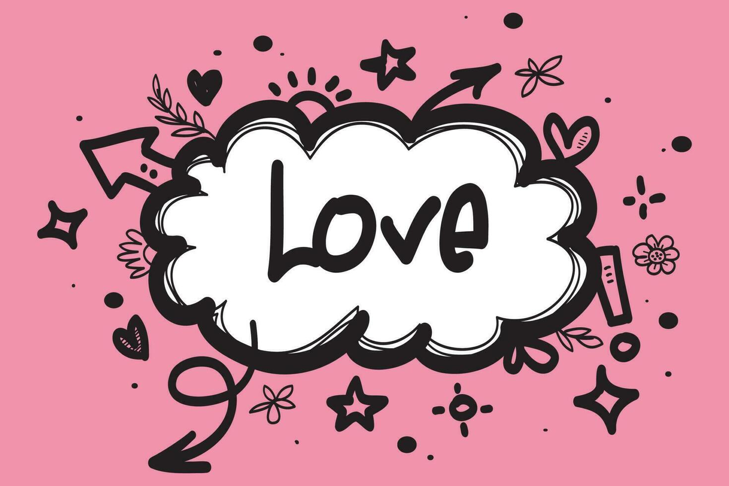 Cloud vector pink color illustration with branded word love and heart. Business abstract decorative background. Doodle line art style design with word branding.