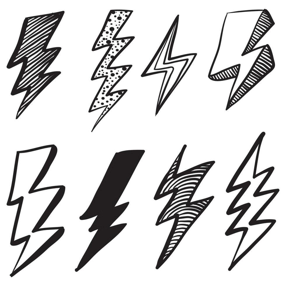 set of hand drawn vector doodle electric lightning bolt symbol sketch illustrations. thunder symbol doodle icon .