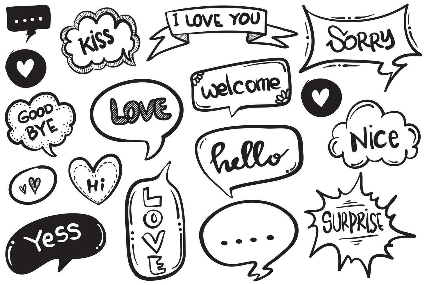 Set of hand drawn speech bubbles with dialog words Hello, Love, Bye, Hi. Vector illustration.