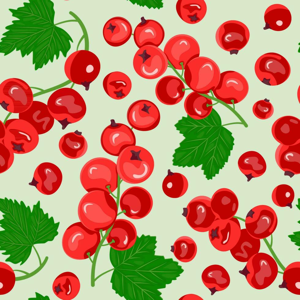 Seamless pattern of red currant and green leaves. Ripe berries. Fruit picking. Vector illustration in the flat style for the design of menus, recipes and food packages.