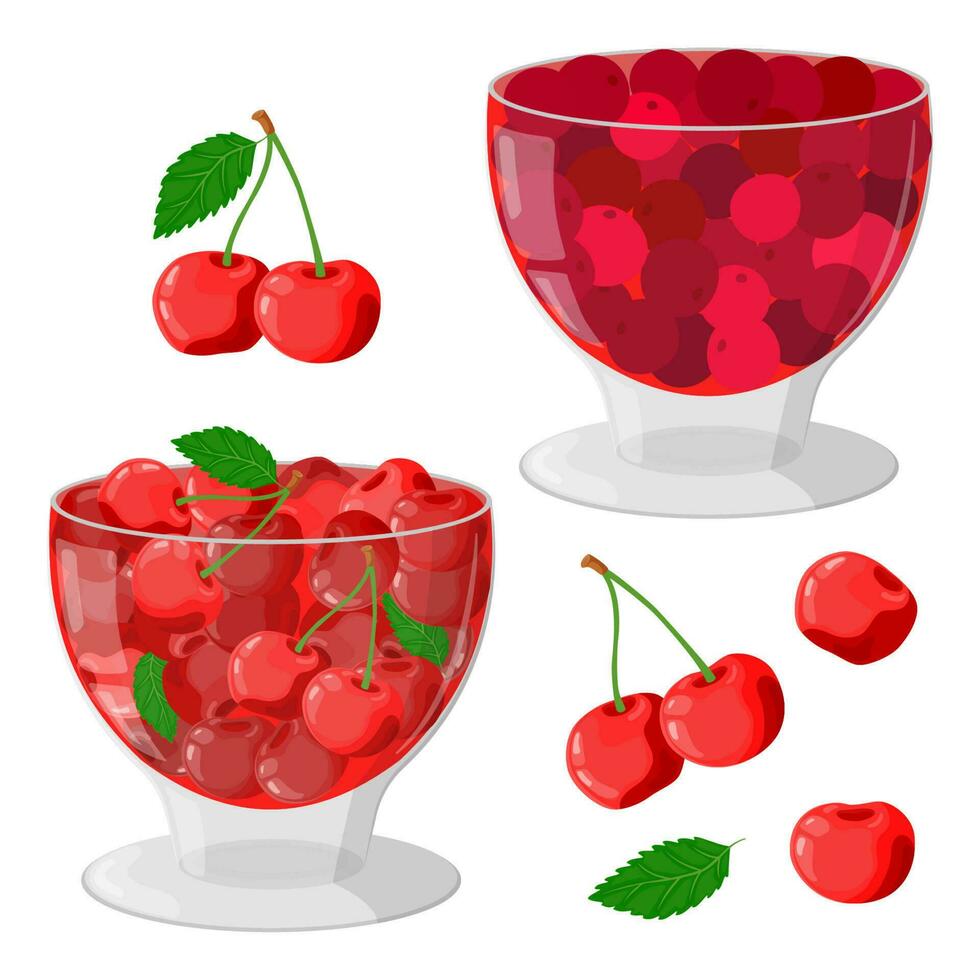 Cherry with green leaves in a glass container. Homemade jam or jelly in a glass bowl. The concept of healthy eating. Ripe berries. Fruit picking. Vector illustration in a flat style.