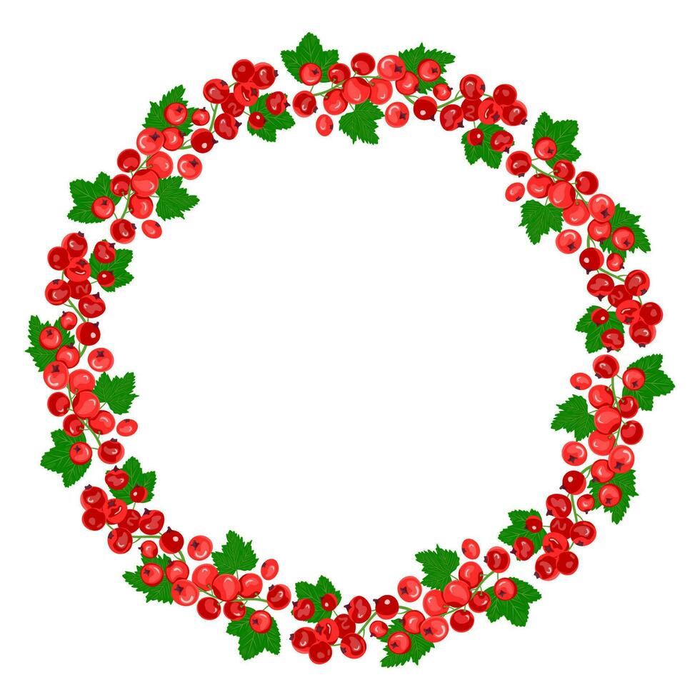 Round frame of red currant berries with green leaves. The concept of healthy eating. Ripe berries. Fruit picking. Vector illustration in a flat style.