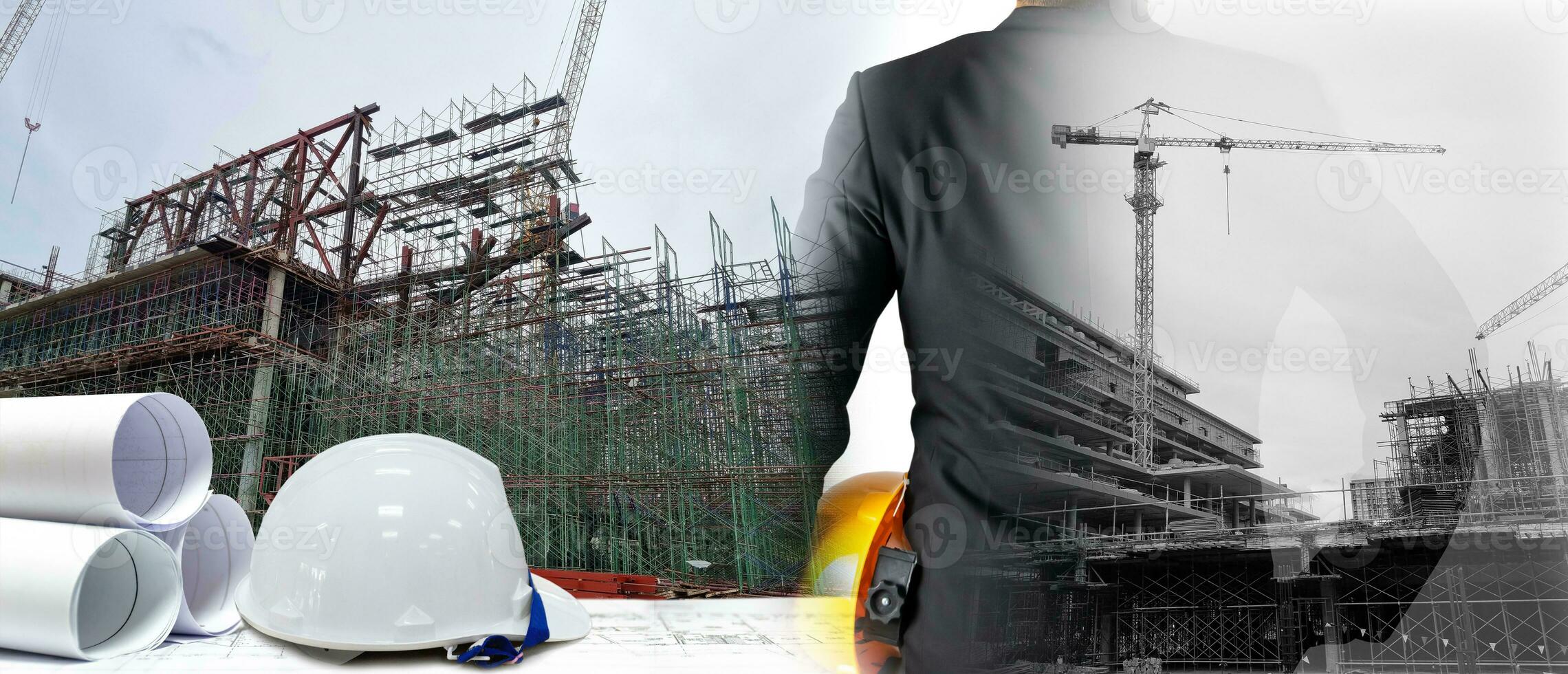 Double Exposure Building Construction Engineering Project Concept Graphic designers, architects or construction workers with modern technology and equipment. photo
