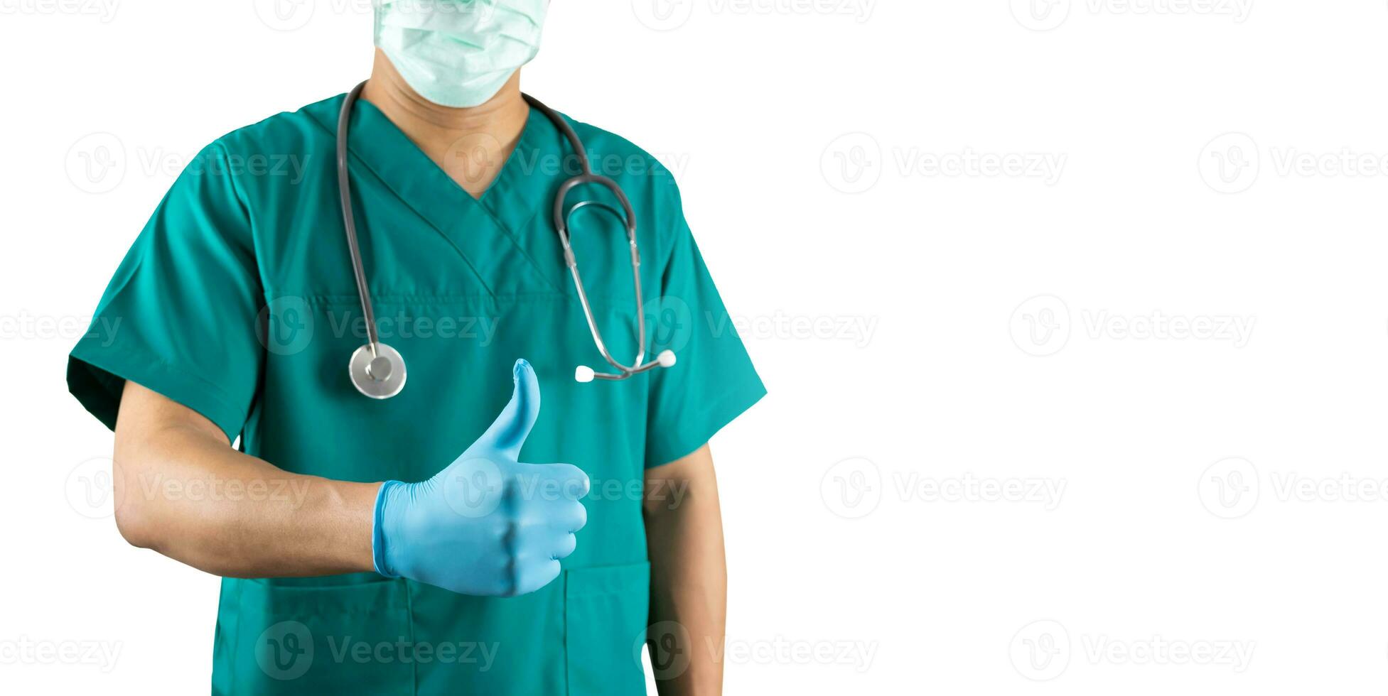 Surgical doctor with a thumbs up healthcare workers concept on a white background photo