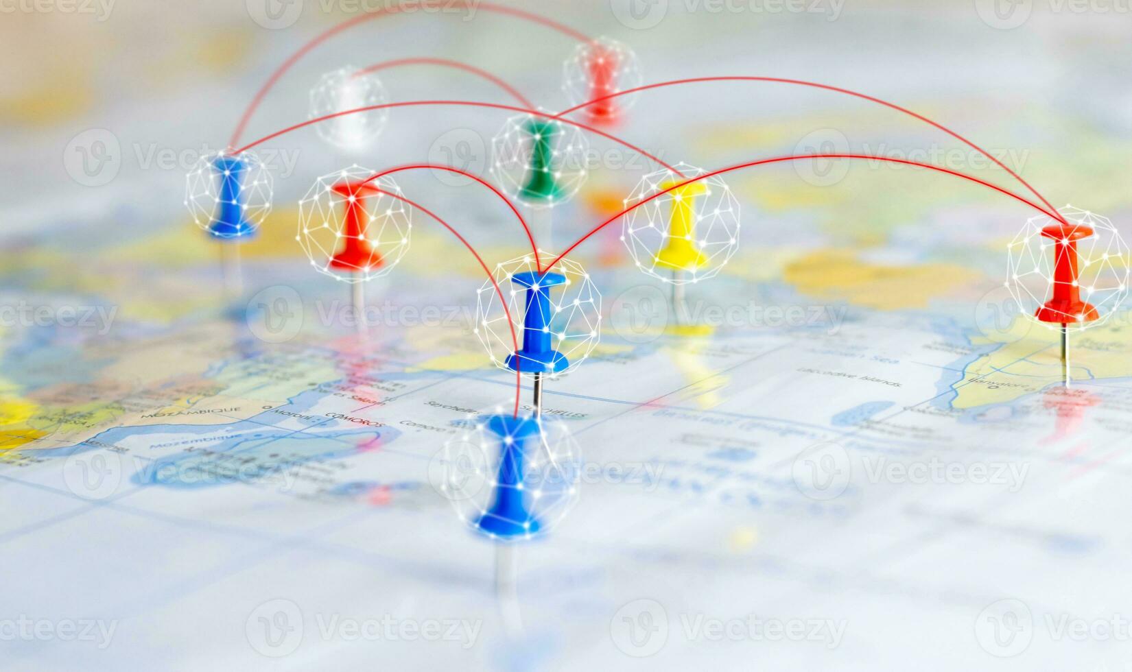 Communication connect network push pin on the world map photo