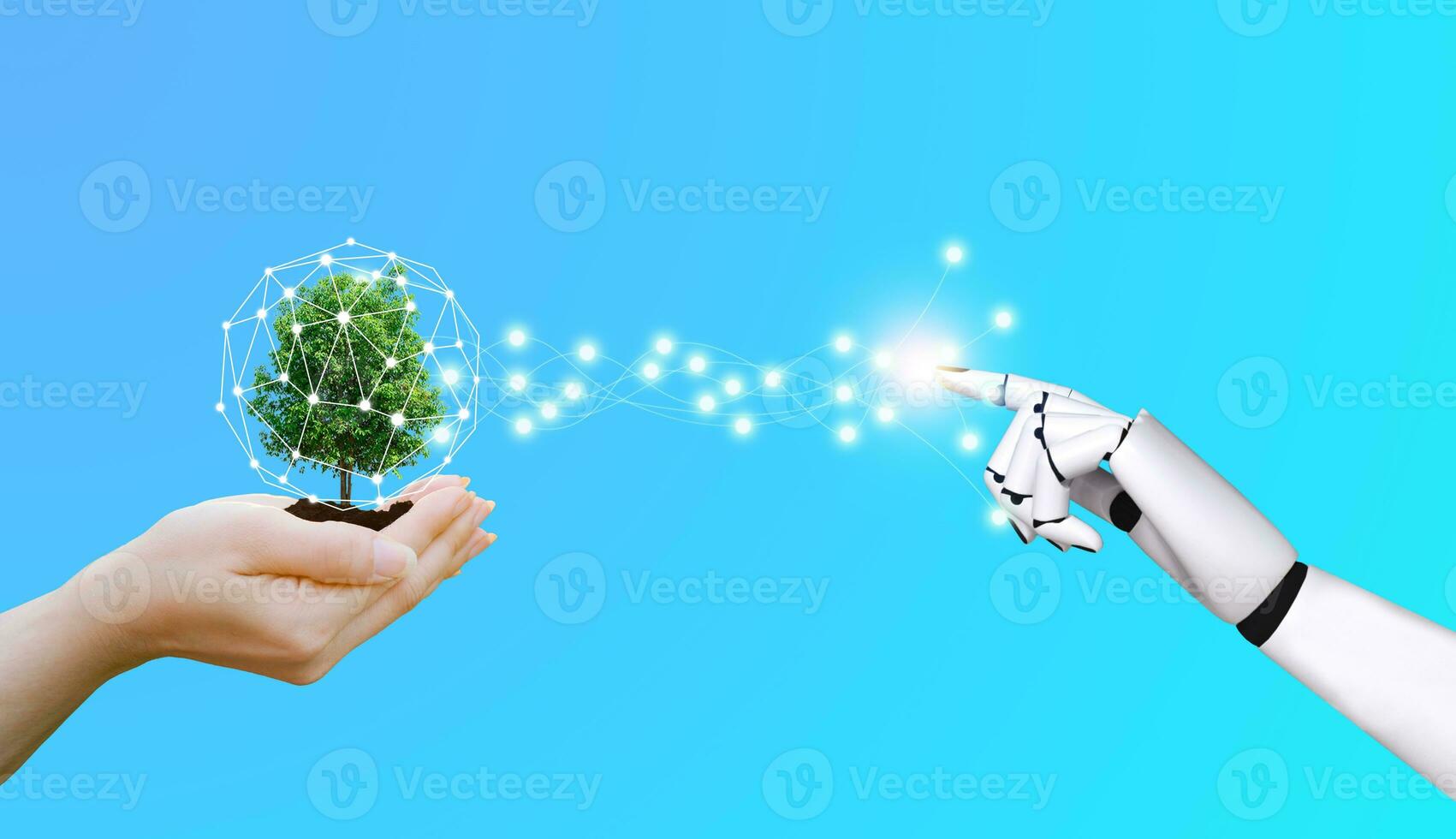 tree in human hand ecology and technology robotic hands photo