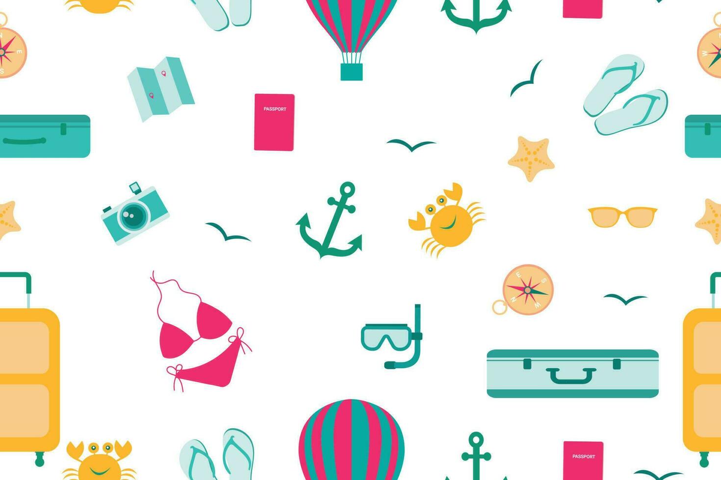 Summer seamless pattern. Accessories for sea holidays. Suitable for printing, textiles, backgrounds, wallpaper, wrapping paper, packaging vector