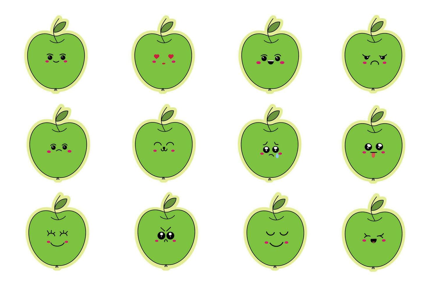 Set of vector emoticons on a green apple. Funny cartoon emoticons. Vector illustration