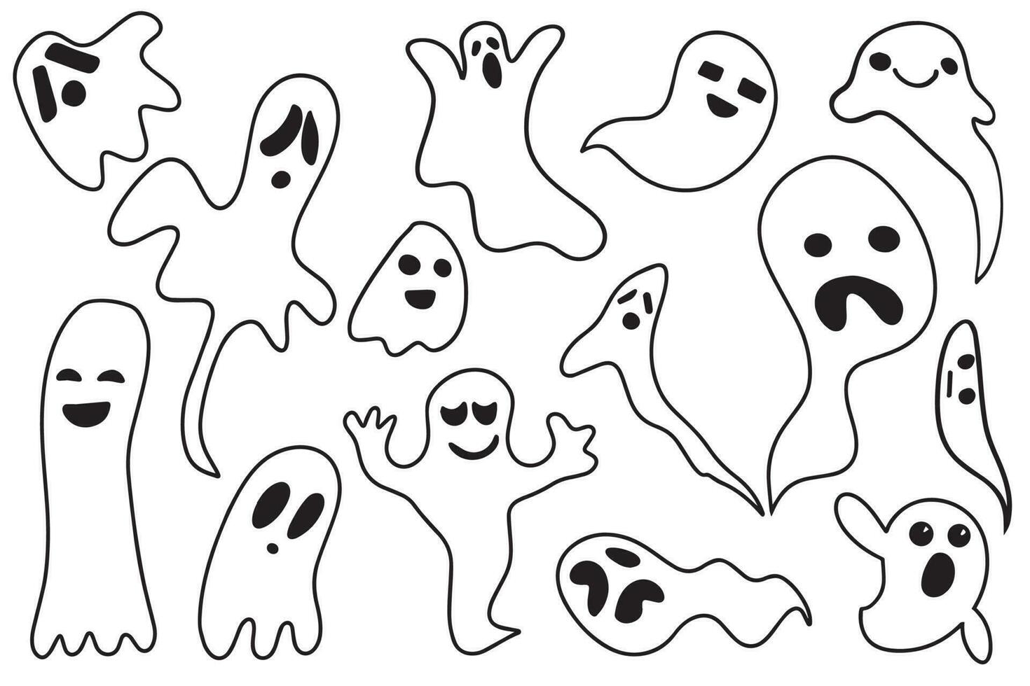 un conjunto de linda gracioso contento fantasmas para niños fantasma caracteres para Víspera de Todos los Santos fiesta. mágico de miedo espíritu con diferente emociones y facial expresiones vector ilustración