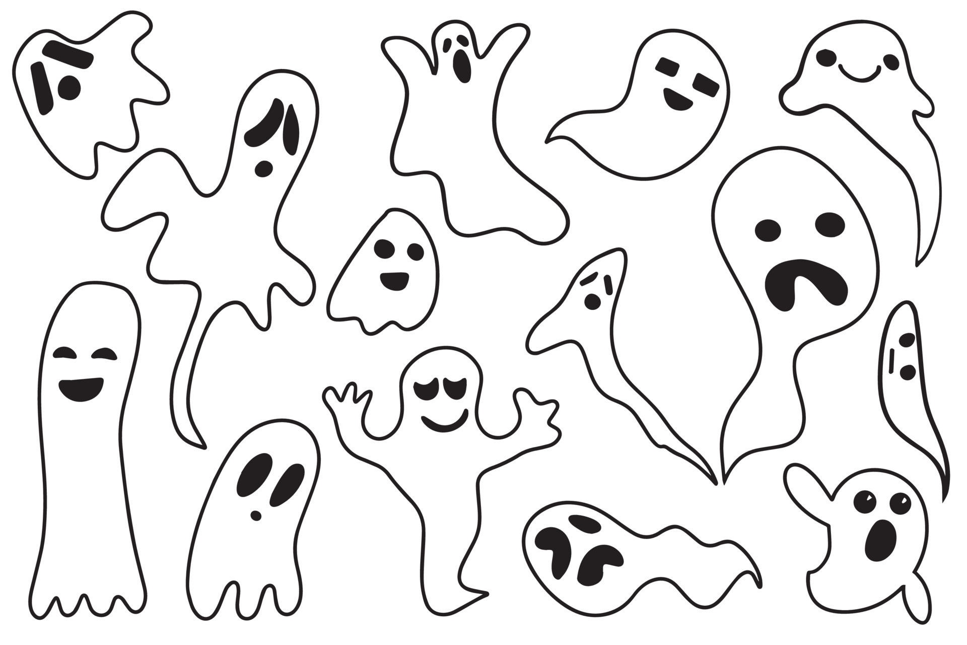 A set of cute funny happy ghosts. Children's ghost characters for