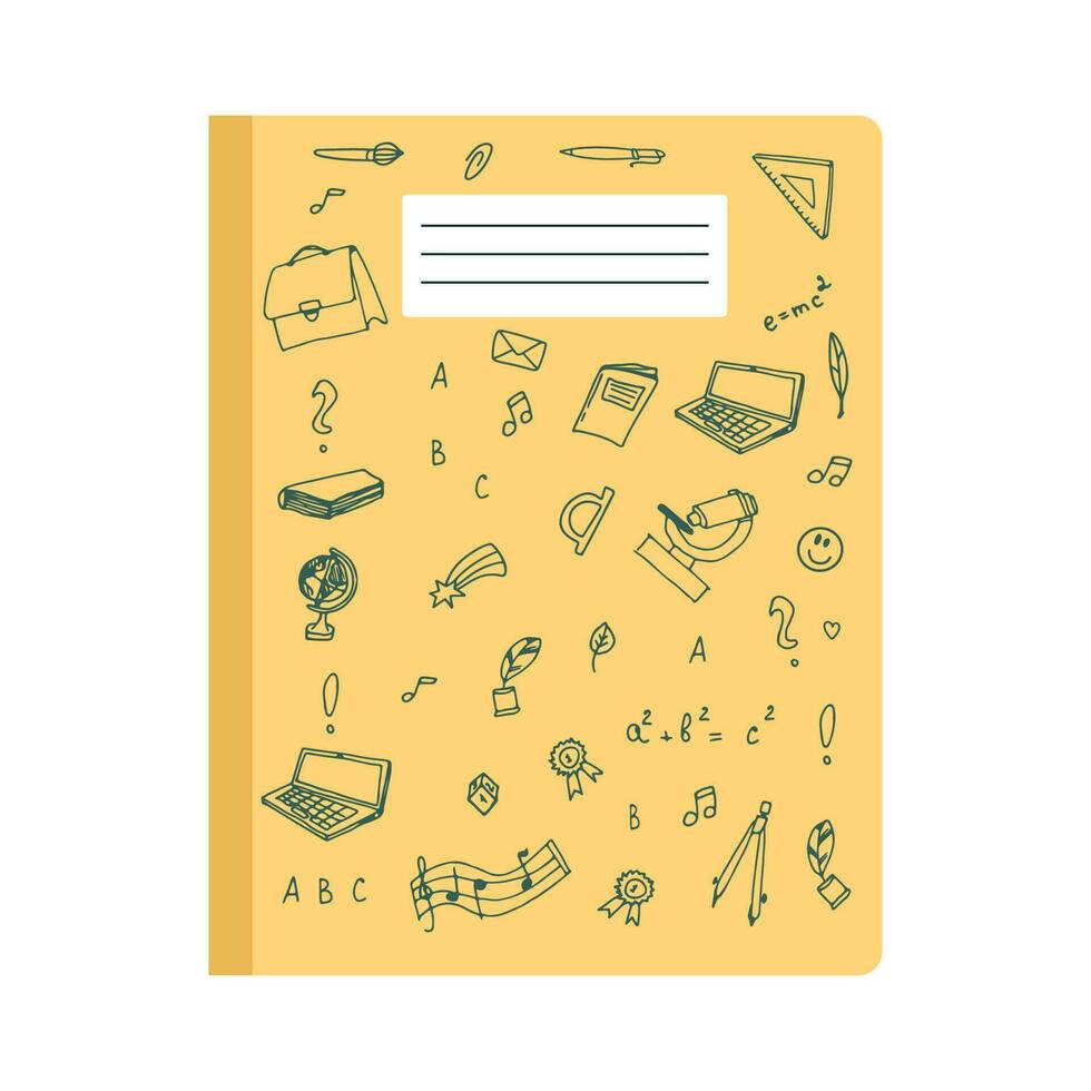 A school notebook with doodle drawings. Vector illustration isolated on a white background.