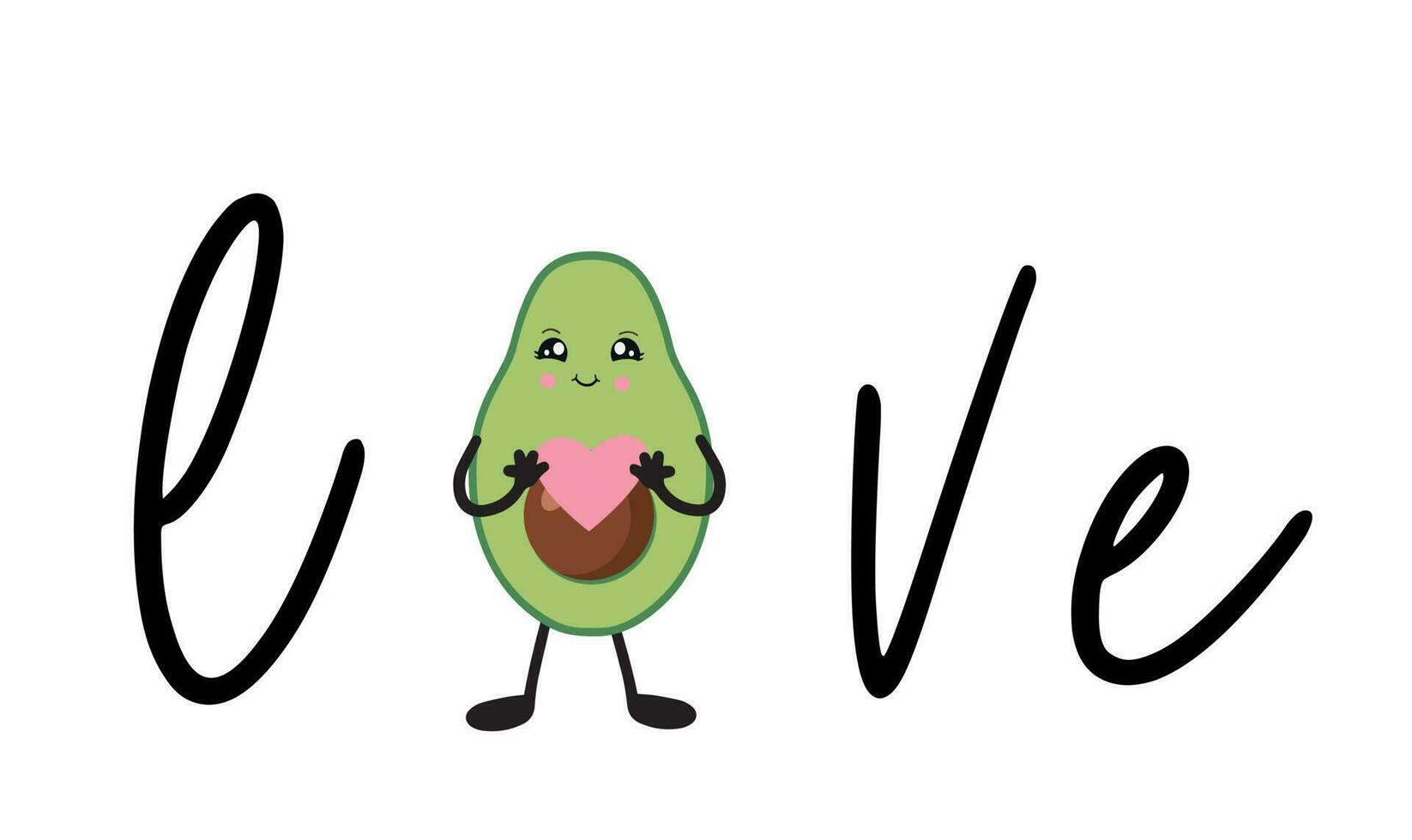 Avocado in the style of kawaii and the inscription love. Avocado fruit in a flat design. Vector